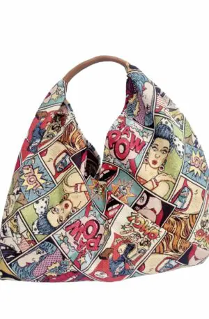 Fabric bag with comics, genuine leather handle - Large size - Closure with magnetic button Measurements L52 H31 Handle width 35cm