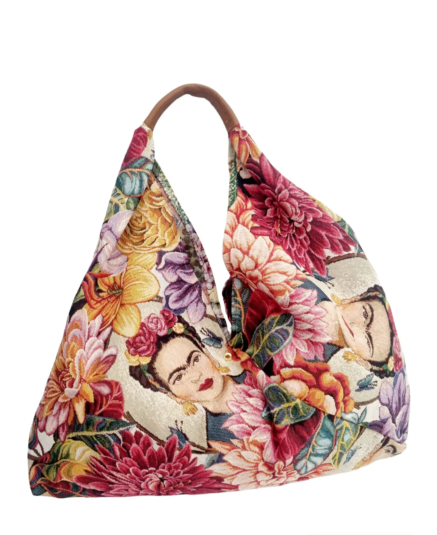 Frida fabric bag with genuine leather handle - Large size - Magnetic button closure Measurements L52 H31 Handle width 35cm