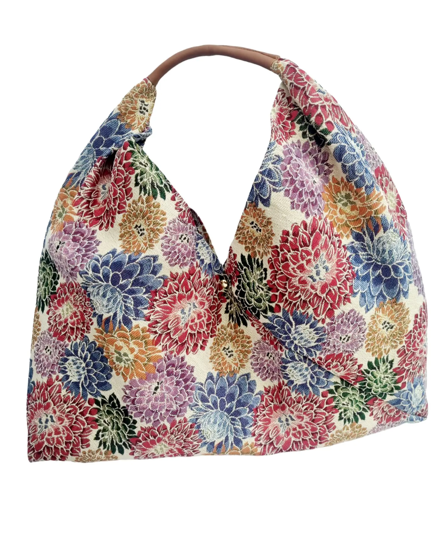 Bag in flower print fabric, genuine leather handle - Large size - Closure with magnetic button Measurements L52 H31 Handle width 35cm