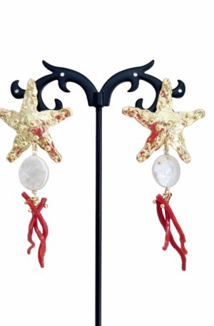 Earrings made with hammered brass stars, flat river pearl and coral sprigs. Length 7.5cm Weight 6.4gr