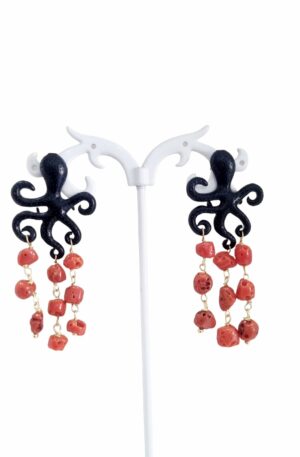 Earrings made with black enamelled octopus and coral pebbles. Weight 6.6g Length 6cm