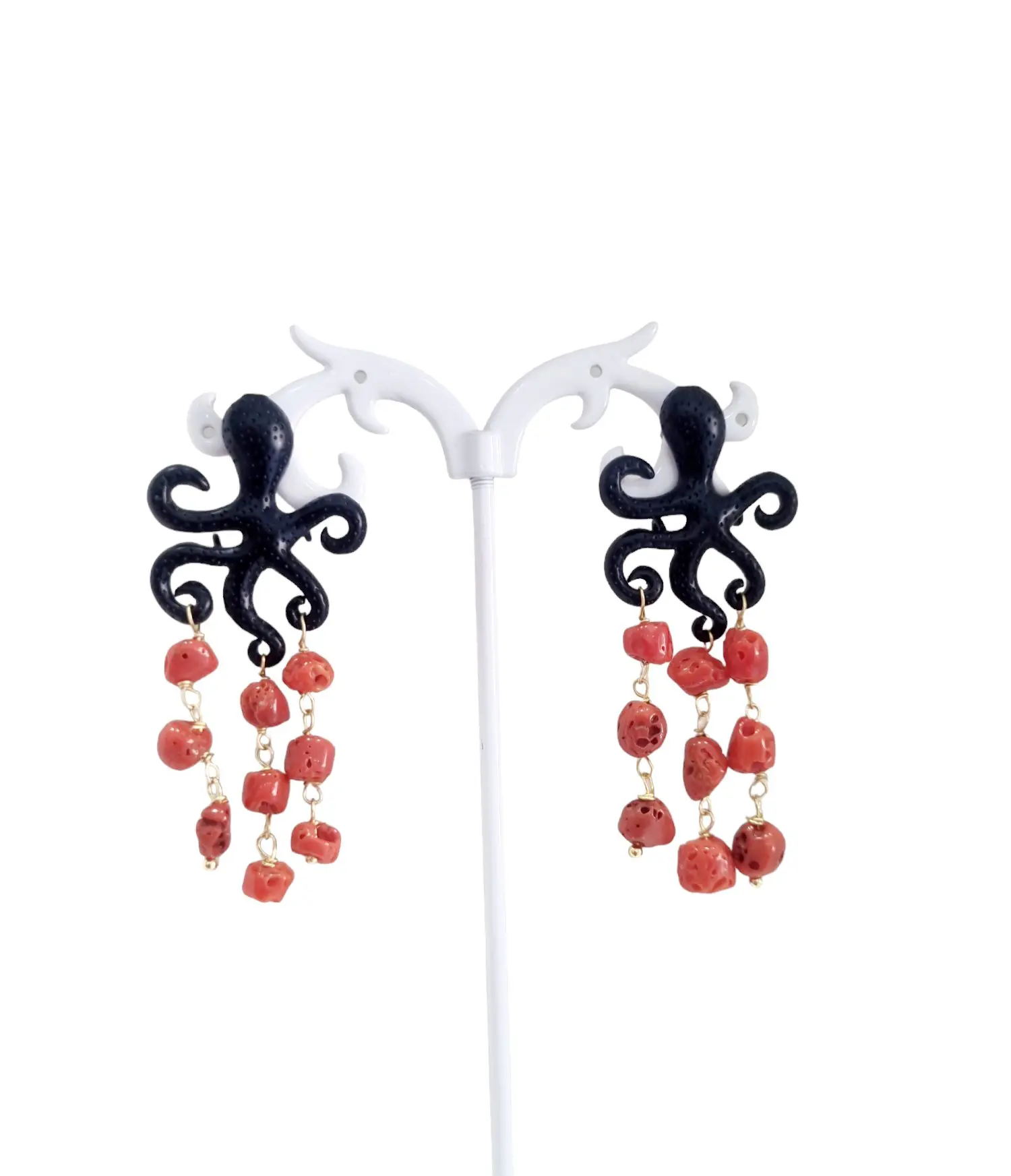 Earrings made with black enamelled octopus and coral pebbles. Weight 6.6g Length 6cm