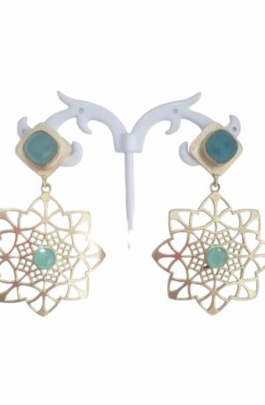 Earrings made with carved brass and aqua green cat's eye. Length 5.5cm Weight 7gr