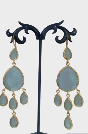Earrings made with cat's eye drops surrounded by brass. Color sea water Length 8.5cm Weight 7.7gr