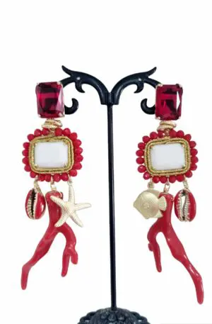 Earrings handcrafted with crystals, resins and enamelled and golden charms. Length 9.5cm Weight 12g