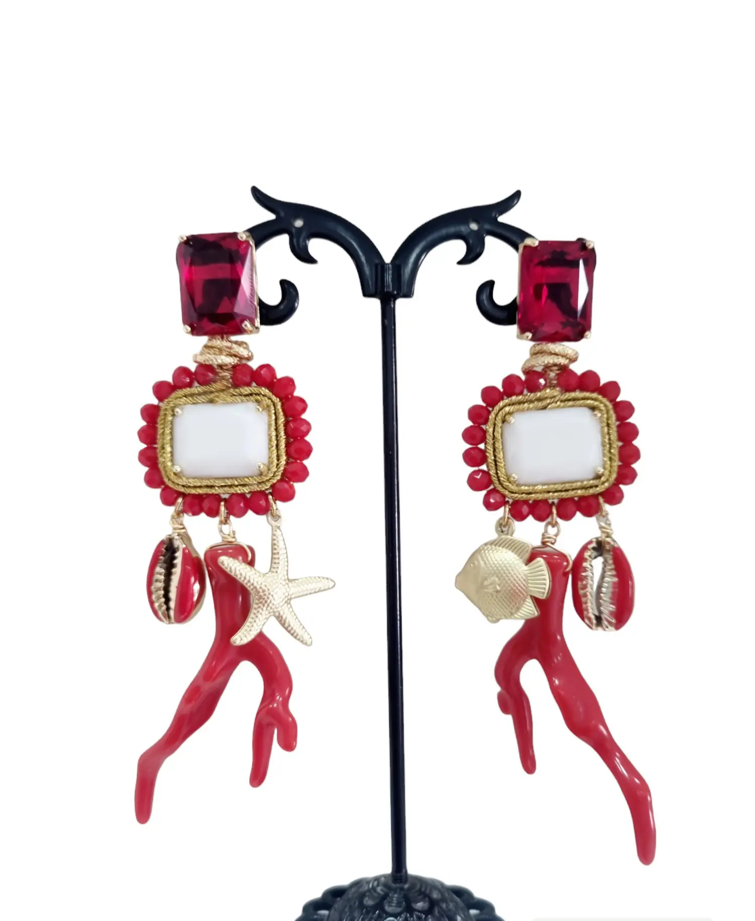Earrings handcrafted with crystals, resins and enamelled and golden charms. Length 9.5cm Weight 12g