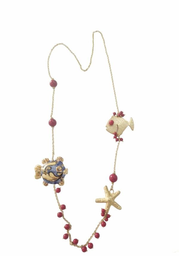 Necklace made with coral paste, golden brass elements and ceramic fish from Caltagirone. Length 74cm Free shipping