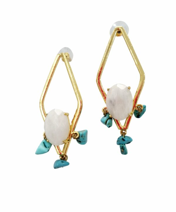 Earrings made with light stone and turquoise chips mounted on brass. Needle pin and butterfly. Length 6cm Weight7.4gr Free shipping