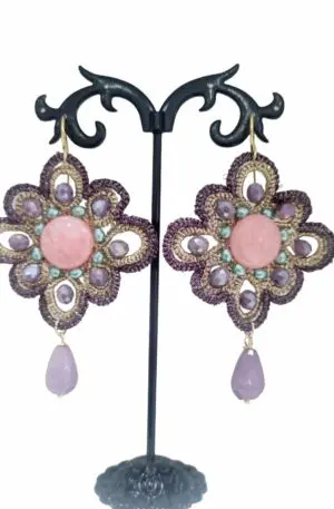 Earrings made of gold and purple fabric with crystals and agate. Length 8cm Weight 7gr Free Shipping