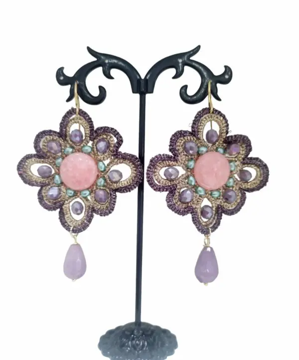 Earrings made of gold and purple fabric with crystals and agate. Length 8cm Weight 7gr Free shipping