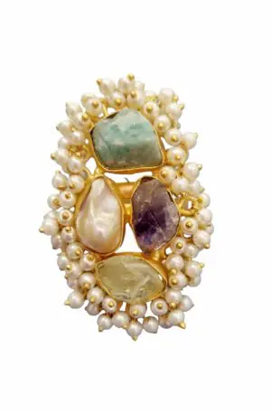 Adjustable ring handcrafted with river pearls, scaramazza pearl, citric quartz, amethyst and amazonite set. Length 5 cm Free Shipping