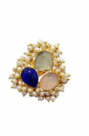 Adjustable ring handcrafted on a brass base with river pearls and quartz set. Length 3.5/4cm Free Shipping