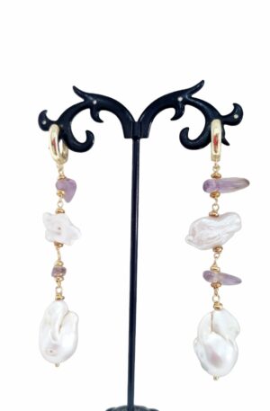 Earrings made with irregular river pearls, scaramzza pearl and amethyst. Closure with closed steel ring. Weight 10.5grLength 8cm Free Shipping