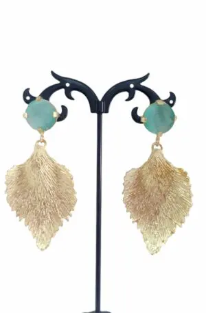 Earrings made with brass leaf and aqua green cat's eye pin Weight 13.1gr Length 7 cm Free Shipping