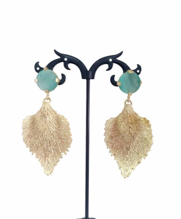 Earrings made with brass leaf and aqua green cat's eye pin Weight 13.1gr Length 7 cm Free shipping