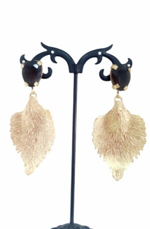 Earrings made with brass leaf and black cat's eye pin Weight 11.4gr Length 7 cm Free Shipping