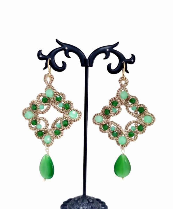 Earrings made with fabric, agate and green crystals. Length 8.5cm Weight 4.2gr Free shipping