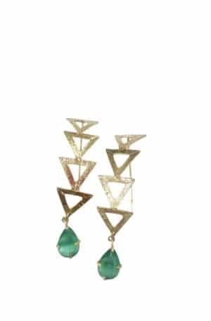 Earrings made with beaten brass and aqua green cat's eye drop. Long ear stud Length 6.5cm Weight 5gr Free Shipping