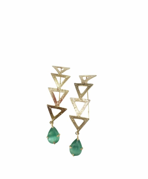 Earrings made with beaten brass and aqua green cat's eye drop. Long ear stud Length 6.5cm Weight 5gr Free shipping