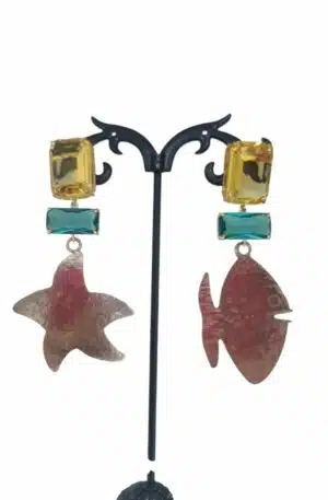 Handcrafted earrings with fish and star in brass and elements with yellow and green crystals. Weight 8gr Length 6.5cm Free Shipping