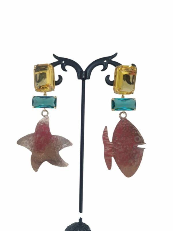 Handcrafted earrings with brass fish and star and yellow and green crystal elements. Weight 8gr Length 6.5cm Free shipping