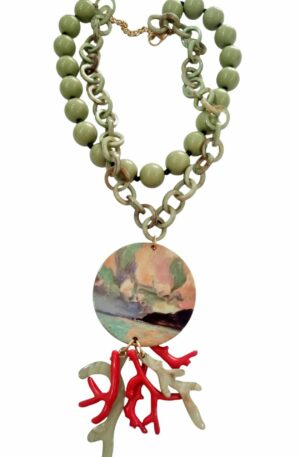 Adjustable double necklace in resin with spheres and circles and with a green pendant. Length 47cm Free Shipping