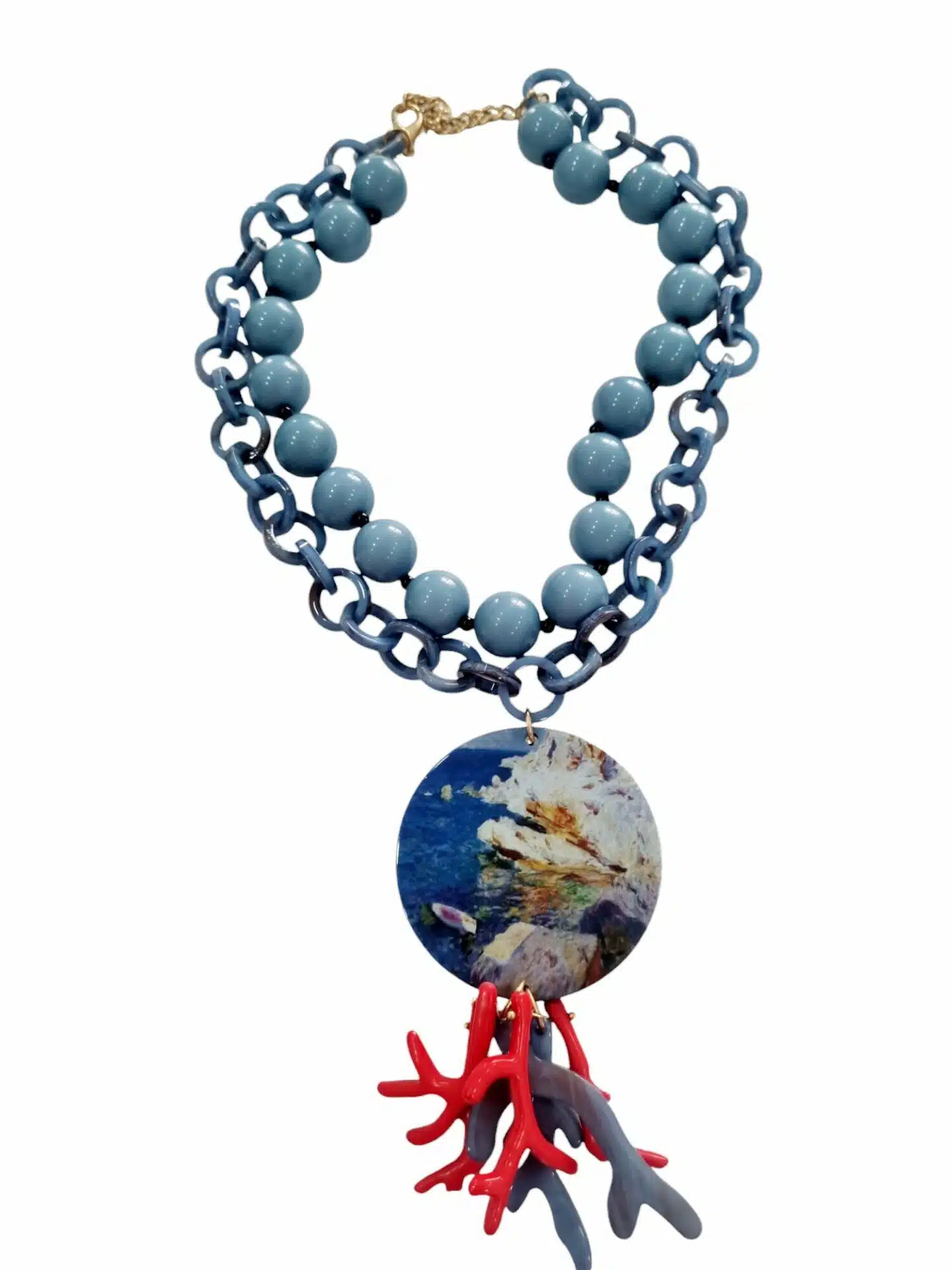 Adjustable double necklace in resin with spheres and circles and with pendant. Length 47cm Free Shipping