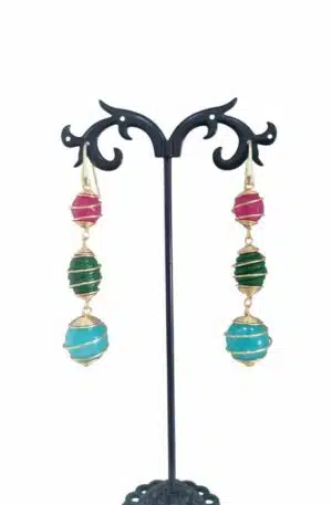 Earrings made with multicolored agate surrounded by steel and gold-plated 925 silver hook. Length 6.5cm Weight 8.8gr Free Shipping