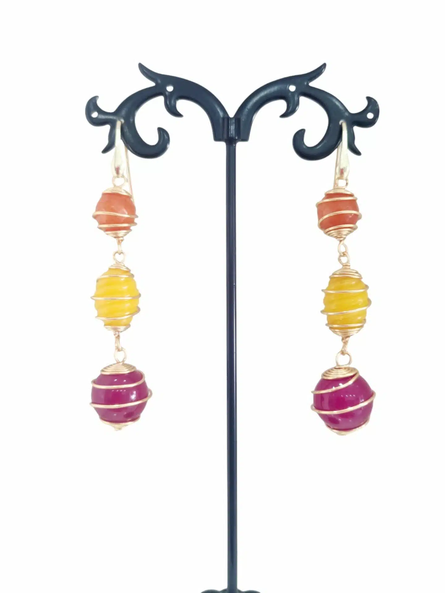 Earrings made with multicolored agate surrounded by steel and gold-plated 925 silver hook. Length 6.5cm Weight 8.8gr Free Shipping