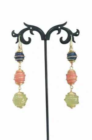 Earrings made with multicolored agate surrounded by steel and gold-plated 925 silver hook. Length 6.5cm Weight 8.8gr Free Shipping