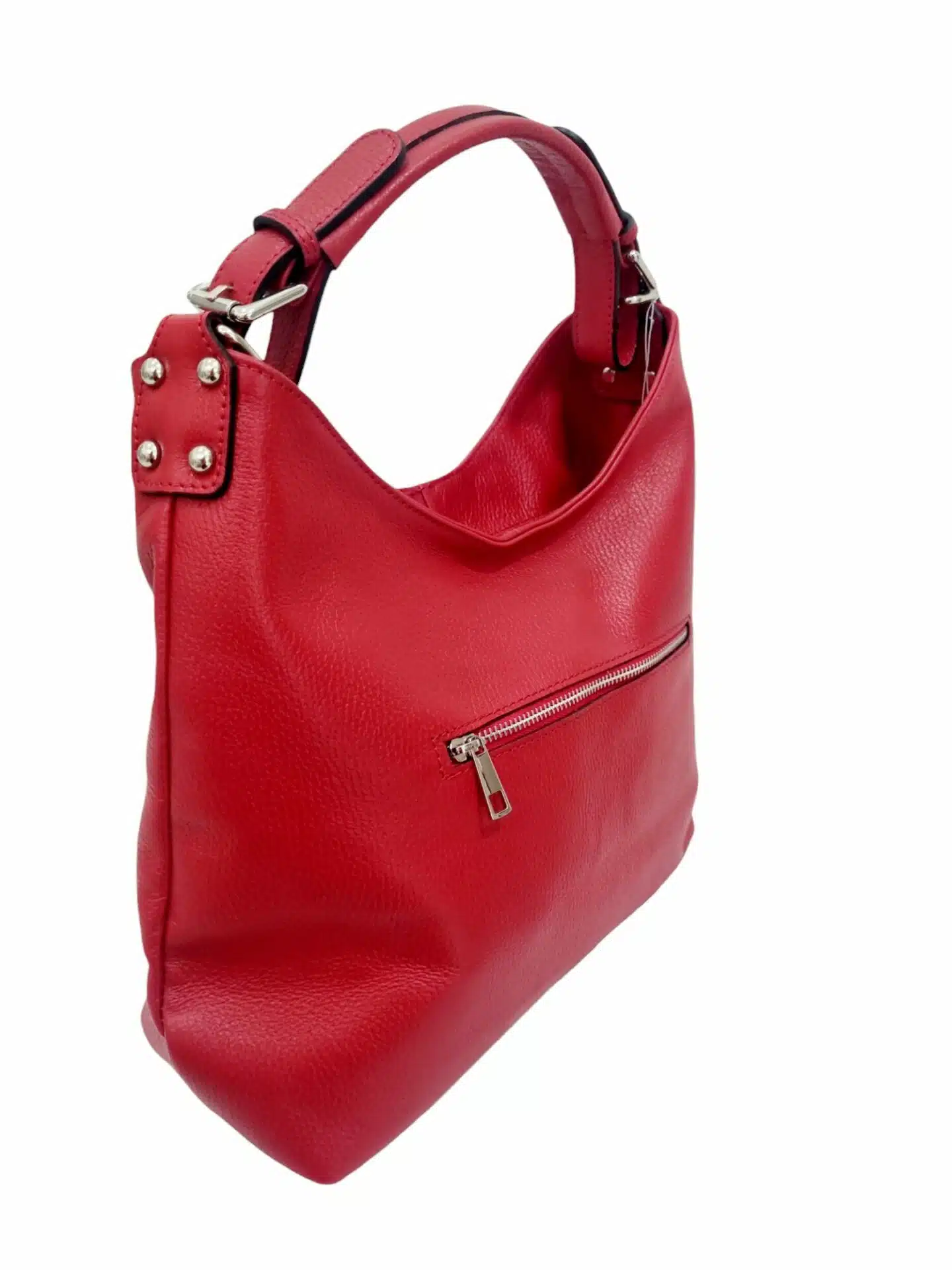 Genuine red leather bag, made in Italy, with shoulder strap, zip closure, external zip pocket. Lined interior with three central compartments with zip and side pockets. dimensions L32 H 26 B12 red color. Free Shipping