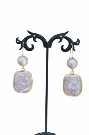 Earrings made with flat river pearls surrounded by brass. Length 5.5cm Weight 4.1gr Free Shipping