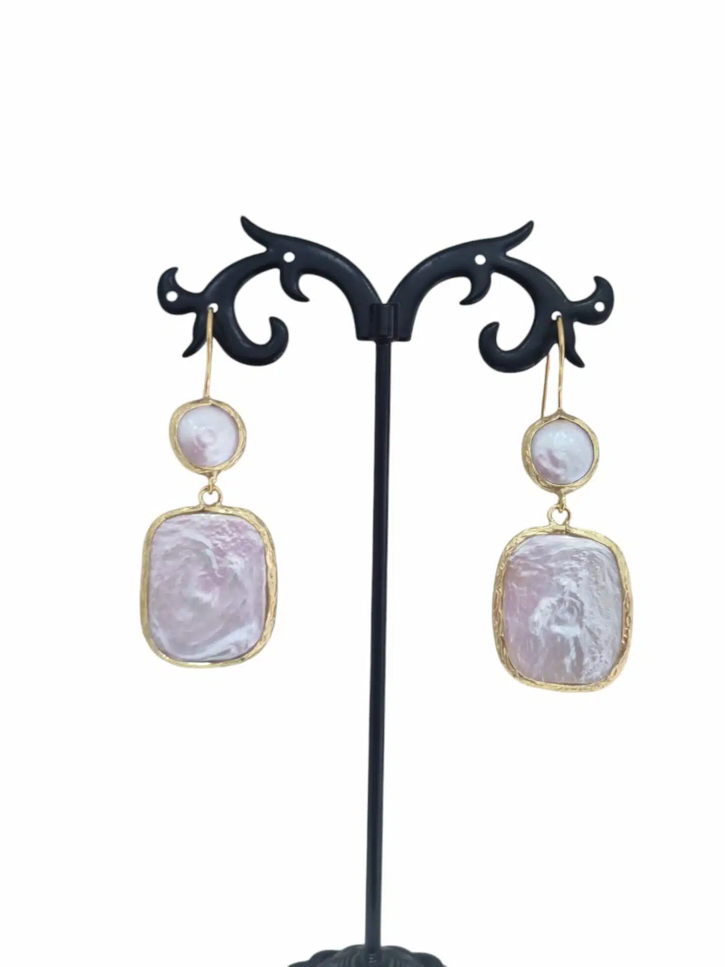 Earrings made with flat river pearls surrounded by brass. Length 5.5cm Weight 4.1gr Free Shipping