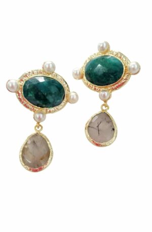 Earrings made with natural stones surrounded by brass and pearls set.Length 4 cmWeight 8.8gr Free Shipping