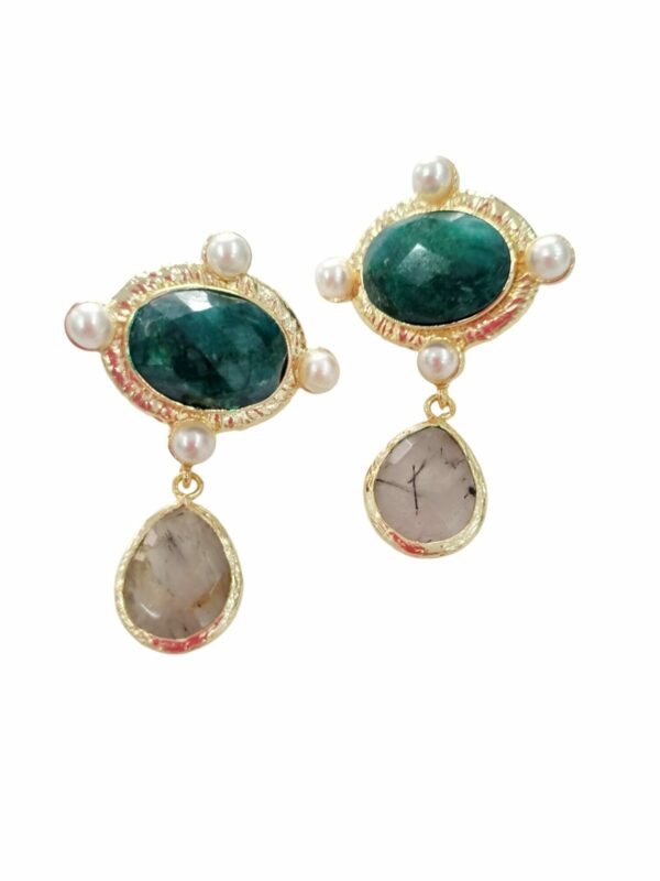 Earrings made with natural stones surrounded by brass and set pearls. Length 4 cm Weight 8.8gr Free shipping