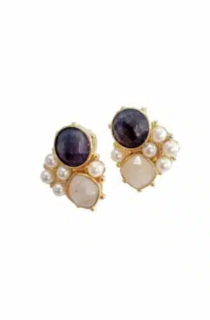 Ear studs made on a brass base with river pearls, lapis lazuli and light stone set. Length 2cm Weight 6.1gr Free Shipping