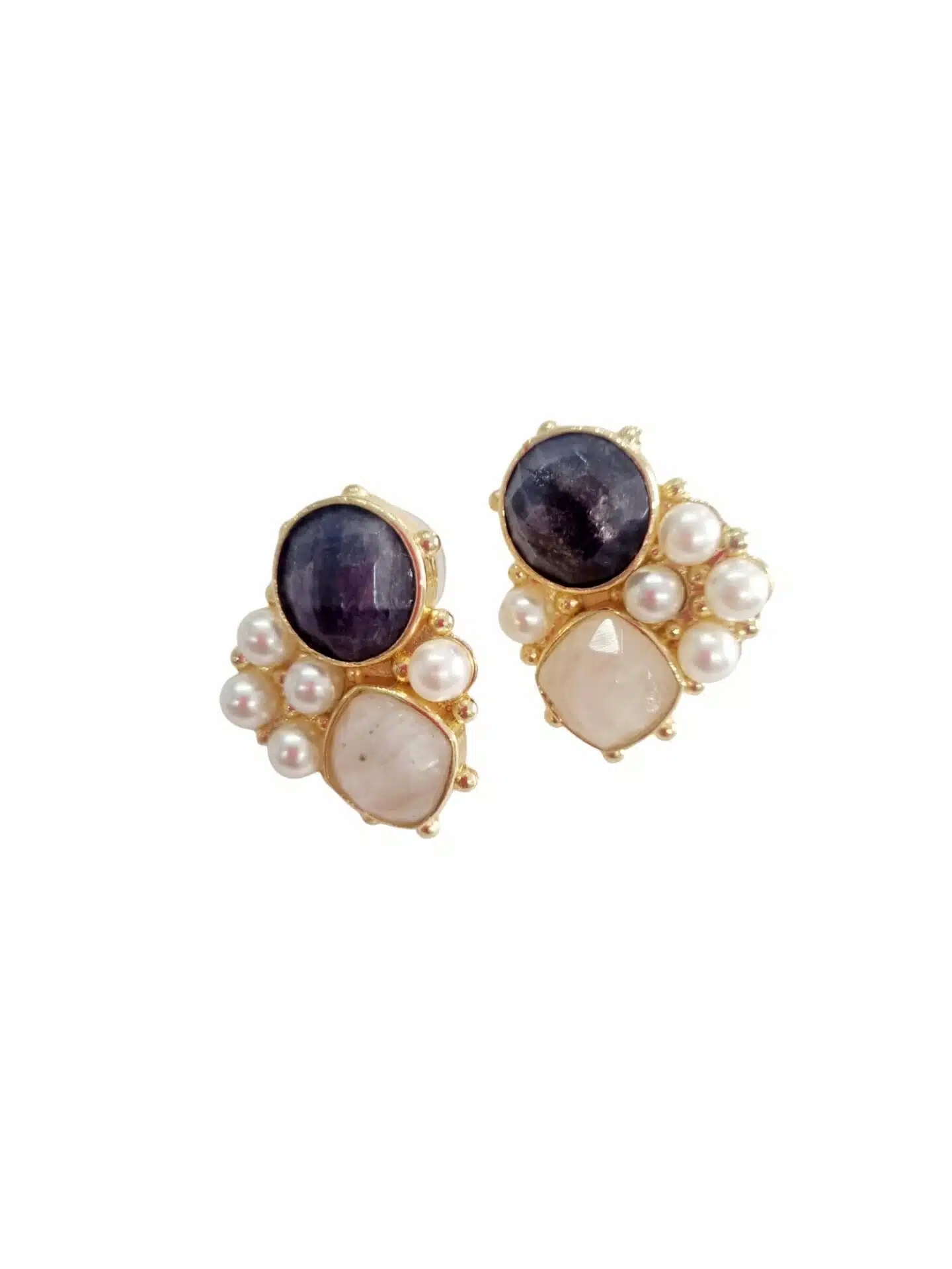 Ear studs made on a brass base with river pearls, lapis lazuli and light stone set. Length 2cm Weight 6.1gr Free Shipping