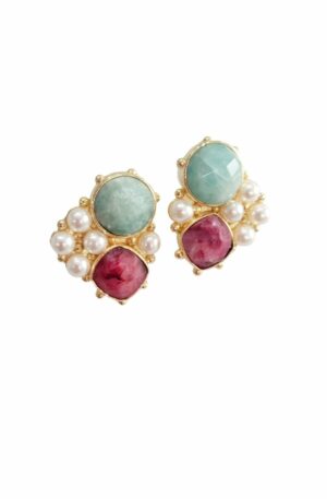 Stud earrings made on a brass base with river pearls, amazonite and ruby root set. Length 2cm Weight 6.1gr Free Shipping