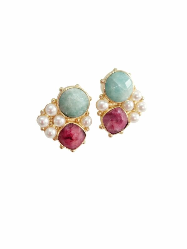 Ear studs made on a brass base with river pearls, amazonite and ruby root set. Length 2cm Weight 6.1gr Free shipping