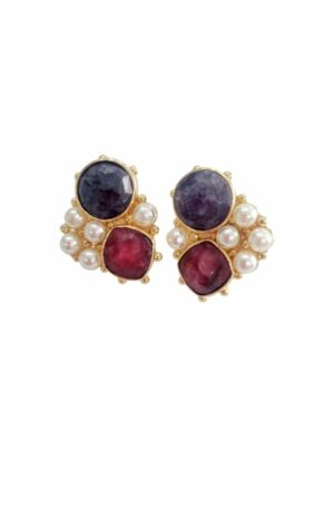 Ear studs made on a brass base with river pearls, lapis lazuli and ruby root set. Length 2cm Weight 6.1gr Free Shipping