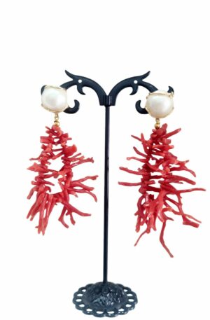 Earrings made with coral branches and pin with natural pearl set in gold-plated 925 silver. Length 7/8cm Weight 11.3gr Free Shipping