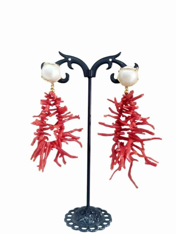 Earrings made with coral branches and pin with natural pearl set in gold-plated 925 silver. Length 7/8cm Weight 11.3gr Free shipping