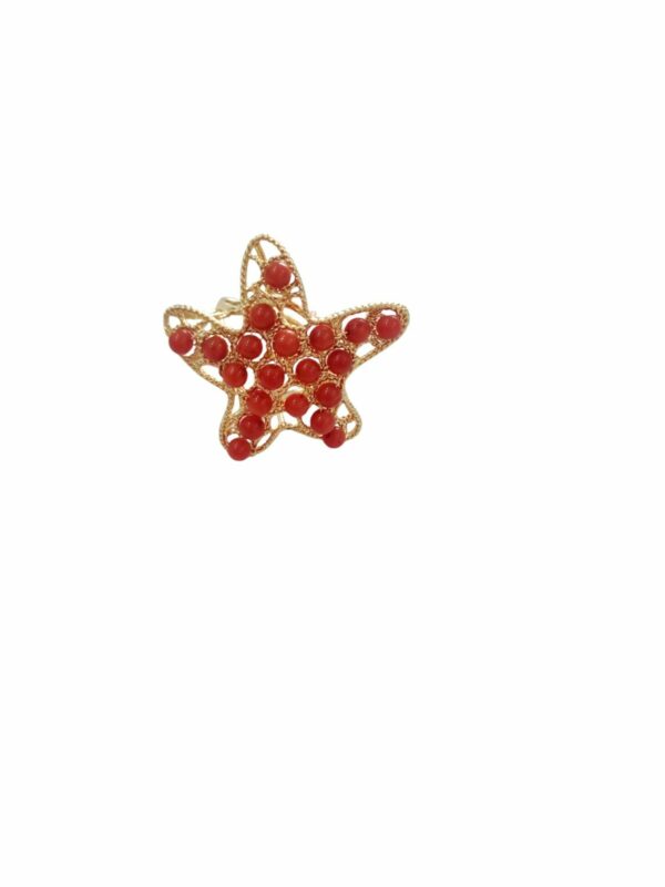 Adjustable star ring made on brass base with coral paste Free shipping