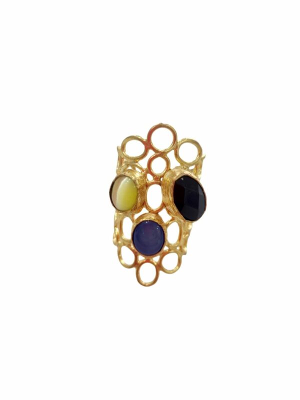 Adjustable band ring, made of brass with natural stones set. Colors yellow, sugar paper and black Length 4cm Free shipping