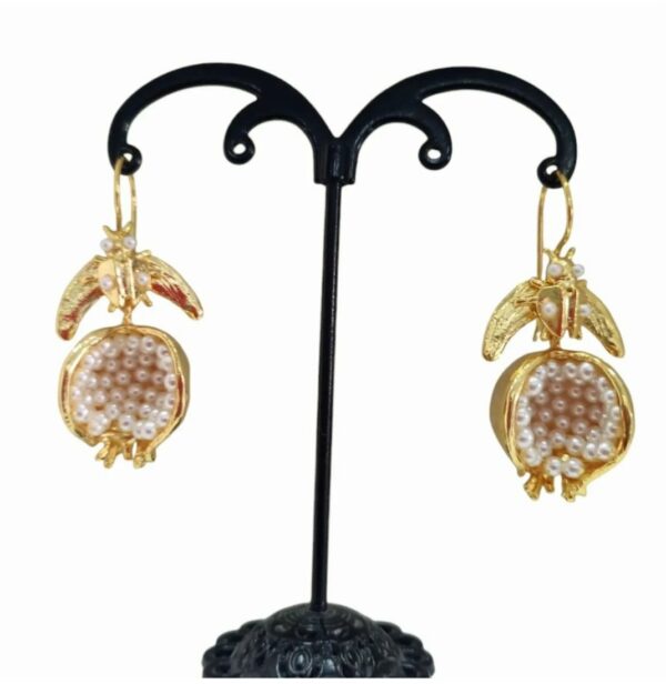 Earrings made with pomegranate and bee in brass and set river pearls. Length 4.5cm Weight 9.1gr Free shipping