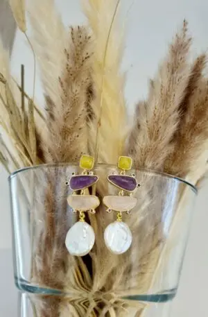 Earrings made with quartz and amethyst surrounded by brass and zircons and flat river pearl. Length 4.5cm Weight 5gr Free Shipping