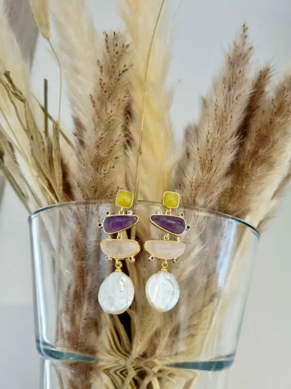 Earrings made with quartz and amethyst surrounded by brass and zircons and flat river pearl. Length 4.5cm Weight 5gr Free shipping