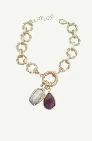 Bracelet made with golden brass chain and two pendants of river pearl and amethyst surrounded by brass. Adjustable length 22cm Free Shipping