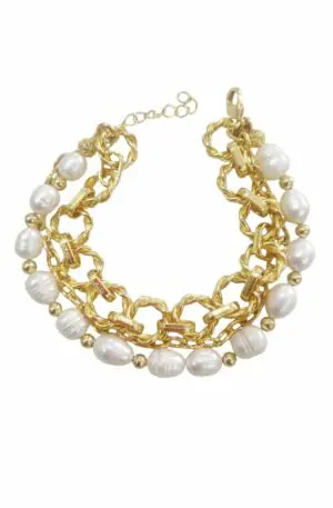 Bracelet made with two golden brass chains and river pearls. Adjustable length 22cm Free Shipping