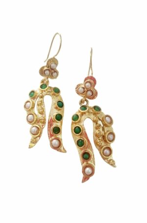 Earrings made with brass and river pearls and jade set. Length 7.5cm Weight 11.2gr Free Shipping